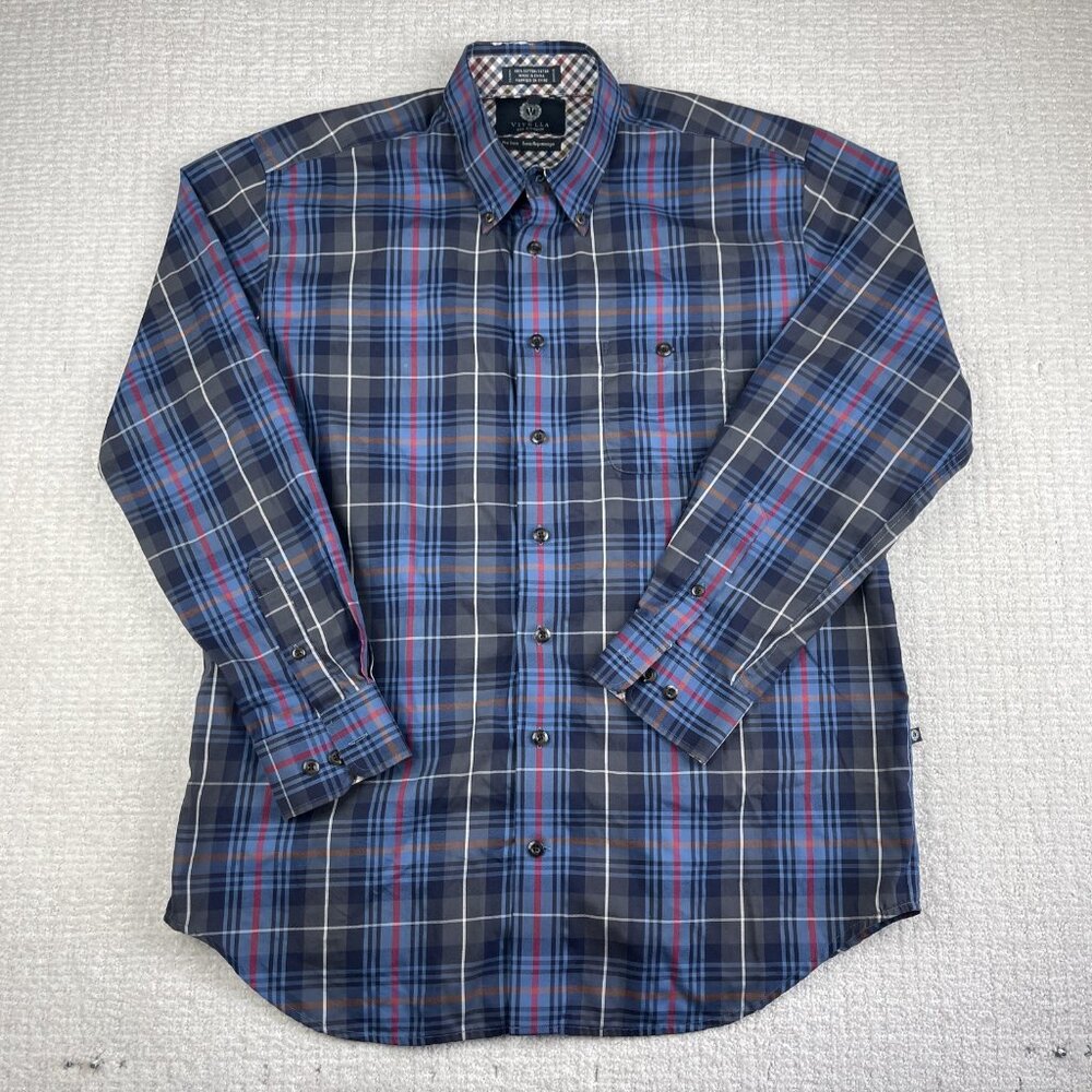 Viyella Mens shirt Tartan plaid Blue / Red / Grey Preppy dress shirt Sz L Read
